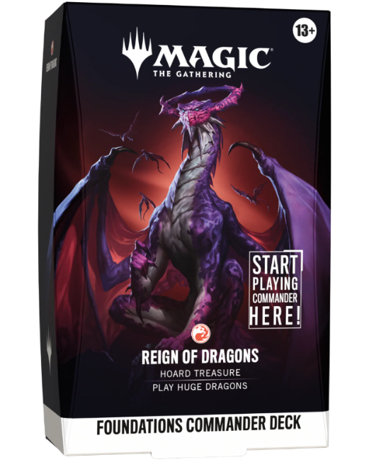 Magic: The Gathering Foundations Commander Deck box for 'Reign of Dragons', featuring artwork of a purple dragon against a dark red and black background.